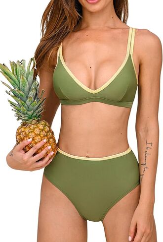 CUPSHE Women's Bikini Sets High Waisted Two Piece Swimsuit V Neck Color Block Full Coverage Bathing Suit Lace Up Back in Saudi Arabia