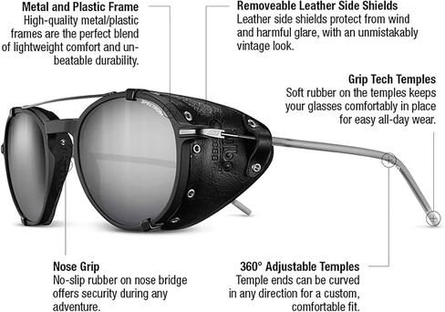 نظارات Julbo Legacy Glacier الشمسية للرجال والنساء مع دروع جانبية جلدية قابلة للإزالة للمشي لمسافات طويلة والتزلج والثلج - حماية 100% من الأشعة فوق البنفسجية in Kuwait