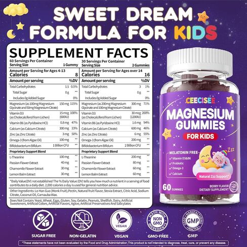Magnesium Gummies Supplement for Kids 4+: Organic Chewable Supplement with Citrate Magnesium VitaminB6 D3 Zinc L-Theanine - Extra Strength Zzz Aid Overall Health Support for Kids(120Count) in Saudi Arabia