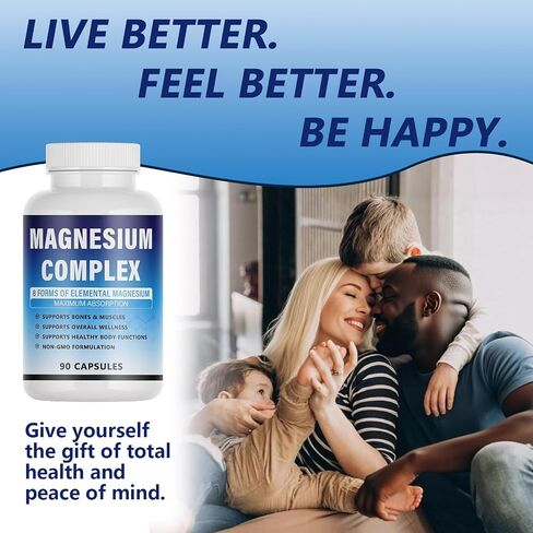 Magnesium Complex Supplement - 8 Elemental Magnesium 1000mg - Glycinate, Citrate, Malate, Taurate Chelated | Easy Absorption, Energy Support | Vegan Non-GMO, 90 Capsules (2pcs) in Saudi Arabia