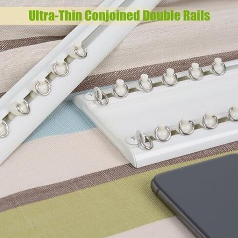 Ultra Thin Adjustable Double Track Curtain Rod Set 19.6ft - White Bay Window Design for Home & Office Decor, Perfect for Layered Curtains and Stylish Interiors in Saudi Arabia