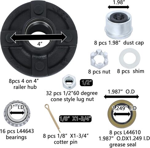 8 Sets 4 on 4 Trailer Hub Kit and 1 Round BT8 Spindle, with Trailer Bearing Kit (7 Pieces/Set) in Saudi Arabia