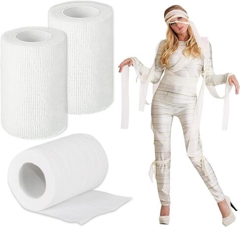 2 Rolls Halloween Mummy Bandage Wrap Zombie Self Adhesive White Stretch Gauze Bandage Roll Party Photography Props in Saudi Arabia