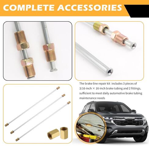 3PCS 3/16 Brake Line,16 Inch Steel Brake Line with Inverted Dual Connectors & 2 Brakes Lines Fittings,Essential Brakes Lines Repair Kit Car Accessories for Cars,Trucks,SUVs in Saudi Arabia