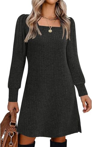 Womens Ribbed Knit Sweater Dress Long Sleeve Square Neck Fall Winter Dresses in Kuwait