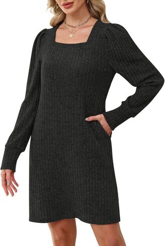 Womens Ribbed Knit Sweater Dress Long Sleeve Square Neck Fall Winter Dresses in Kuwait