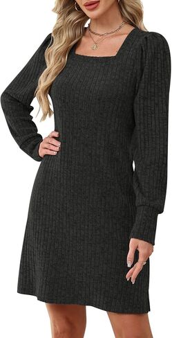 Womens Ribbed Knit Sweater Dress Long Sleeve Square Neck Fall Winter Dresses in Kuwait