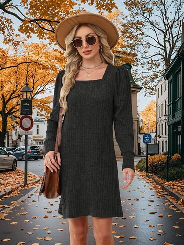 Womens Ribbed Knit Sweater Dress Long Sleeve Square Neck Fall Winter Dresses in Kuwait