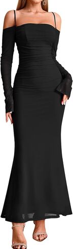 EYNMIN Women's Fall Wedding Guest Dresses Long Sleeve Spaghetti Strap Mesh Ruched Bodycon Maxi Formal Dress in Saudi Arabia