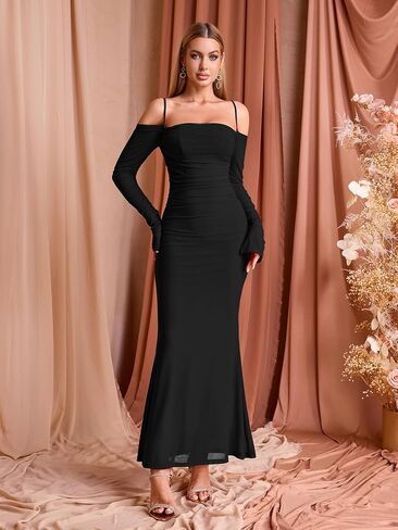 EYNMIN Women's Fall Wedding Guest Dresses Long Sleeve Spaghetti Strap Mesh Ruched Bodycon Maxi Formal Dress in Saudi Arabia
