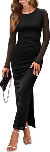WIHOLL Women's Bodycon Maxi Dress Fall Fashion Long Sleeve Floral Print Tight Fitted Party Club Ruched Dresses in Saudi Arabia