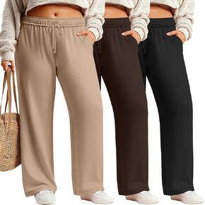 3 Pack Women's Plus Size Sweatpants Casual Wide Leg Interior Drawstring High Waist Yoga Baggy Pants with Pockets in Kuwait