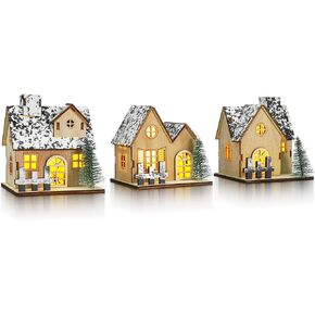 TOYANDONA 3 Pcs Christmas Village Sets - Wooden Christmas Village Houses LED Lighted Snow Villages Houses for Xmas Tabletop Decorations Collectible Buildings in Kuwait