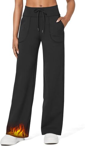 G4Free Wide Leg Fleece Lined Pants Women Drawstring Waist Winter Work Pants with Pockets for Casual Office in Kuwait