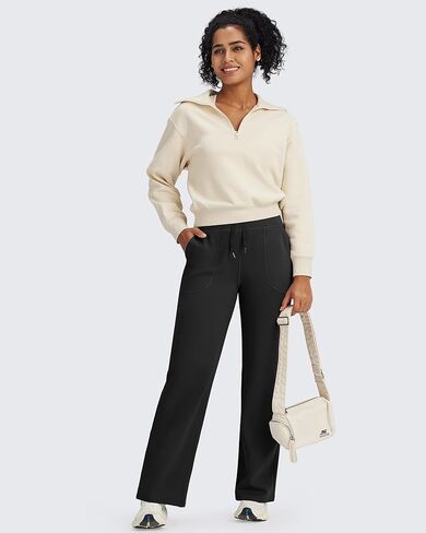 G4Free Wide Leg Fleece Lined Pants Women Drawstring Waist Winter Work Pants with Pockets for Casual Office in Kuwait