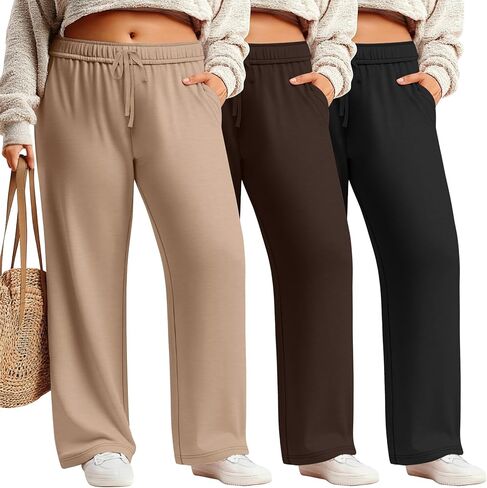 3 Pack Women's Plus Size Sweatpants Casual Wide Leg Interior Drawstring High Waist Yoga Baggy Pants with Pockets in Kuwait