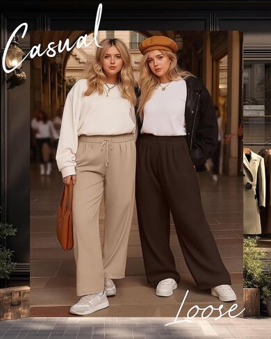 3 Pack Women's Plus Size Sweatpants Casual Wide Leg Interior Drawstring High Waist Yoga Baggy Pants with Pockets in Kuwait