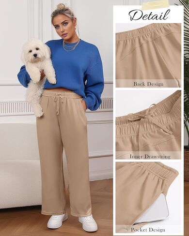 3 Pack Women's Plus Size Sweatpants Casual Wide Leg Interior Drawstring High Waist Yoga Baggy Pants with Pockets in Kuwait