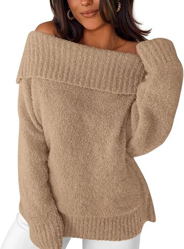 سترة نسائية مكشوفة الكتف من Okiwam موضة خريف 2025 بلوفر فضفاض محبوك وأكمام طويلة قطع علوية عصرية in Kuwait