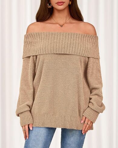 سترة نسائية مكشوفة الكتف من Okiwam موضة خريف 2025 بلوفر فضفاض محبوك وأكمام طويلة قطع علوية عصرية in Kuwait