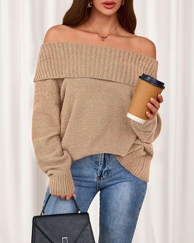 سترة نسائية مكشوفة الكتف من Okiwam موضة خريف 2025 بلوفر فضفاض محبوك وأكمام طويلة قطع علوية عصرية in Kuwait