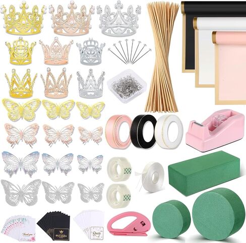 Majreey Floral Wrapping Paper Kit, 80Sheet Waterproof Floral Paper, 3Rolls Ribbon for Flower Bouquet, 2Rolls Transparent Tape,100Pcs Flower Pins, 48Pcs 3D Butterflies, 9Pcs Crowns for Florist Wrapping in Kuwait