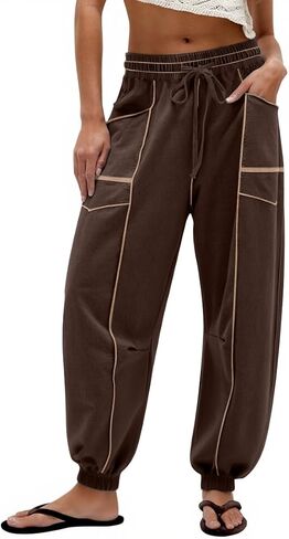 Women Barrel Sweatpants Baggy High Waisted Drawstring Color Block Joggers Pants Athletic Lounge Pant with Pockets in Saudi Arabia