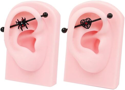 2Pcs Black Spider Industrial Barbell Earrings for Women Men Stainless Steel Heart Spider Helix Cartilage Earrings Halloween Industrial Piercing Jewelry in Saudi Arabia