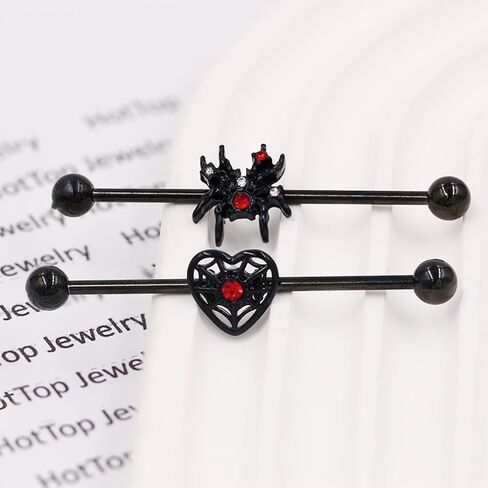 2Pcs Black Spider Industrial Barbell Earrings for Women Men Stainless Steel Heart Spider Helix Cartilage Earrings Halloween Industrial Piercing Jewelry in Saudi Arabia