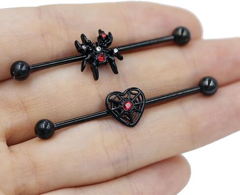 2Pcs Black Spider Industrial Barbell Earrings for Women Men Stainless Steel Heart Spider Helix Cartilage Earrings Halloween Industrial Piercing Jewelry in Saudi Arabia