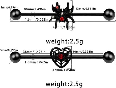 2Pcs Black Spider Industrial Barbell Earrings for Women Men Stainless Steel Heart Spider Helix Cartilage Earrings Halloween Industrial Piercing Jewelry in Saudi Arabia