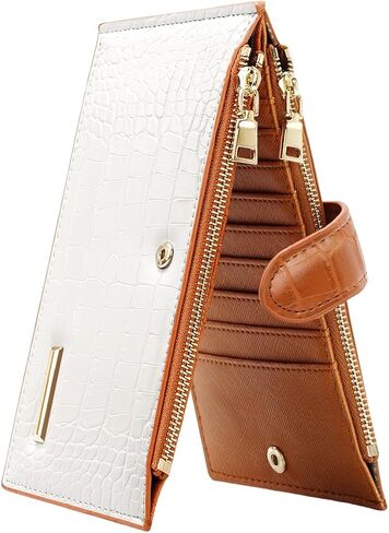 Large Capacity Wallets for Women Crocodile RFID Blocking 19 Card Slots Organizer Wallet Womens Billfold Long Purse Credit Cards Holder with Double Zipper,White & Brown in Kuwait