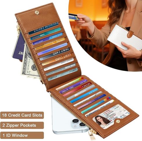Large Capacity Wallets for Women Crocodile RFID Blocking 19 Card Slots Organizer Wallet Womens Billfold Long Purse Credit Cards Holder with Double Zipper,White & Brown in Kuwait