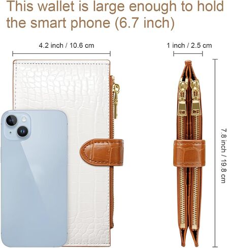 Large Capacity Wallets for Women Crocodile RFID Blocking 19 Card Slots Organizer Wallet Womens Billfold Long Purse Credit Cards Holder with Double Zipper,White & Brown in Kuwait