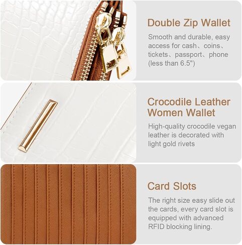 Large Capacity Wallets for Women Crocodile RFID Blocking 19 Card Slots Organizer Wallet Womens Billfold Long Purse Credit Cards Holder with Double Zipper,White & Brown in Kuwait