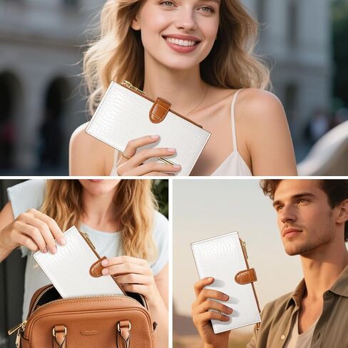 Large Capacity Wallets for Women Crocodile RFID Blocking 19 Card Slots Organizer Wallet Womens Billfold Long Purse Credit Cards Holder with Double Zipper,White & Brown in Kuwait