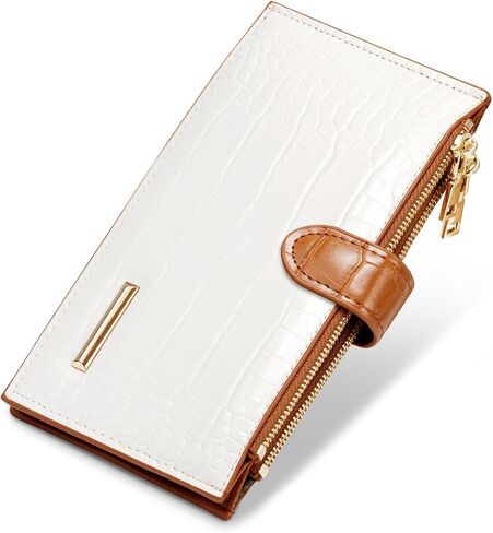 Large Capacity Wallets for Women Crocodile RFID Blocking 19 Card Slots Organizer Wallet Womens Billfold Long Purse Credit Cards Holder with Double Zipper,White & Brown in Kuwait