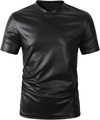 WDIRARA Men's PU Leather Short Sleeve T-Shirt V-Neck Ruched Party Top in Saudi Arabia