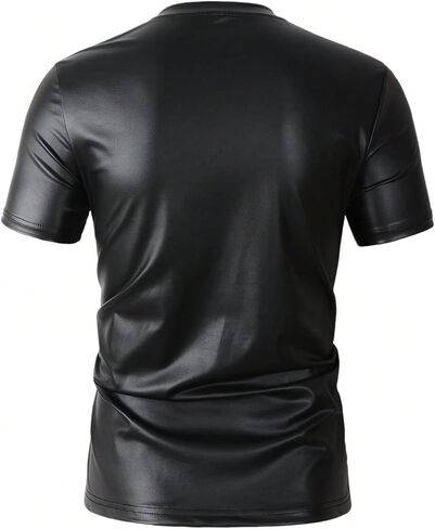 WDIRARA Men's PU Leather Short Sleeve T-Shirt V-Neck Ruched Party Top in Saudi Arabia