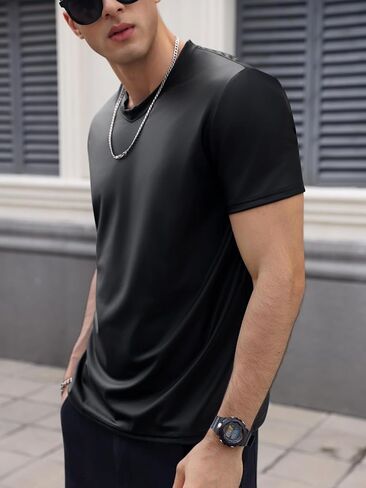 WDIRARA Men's PU Leather Short Sleeve T-Shirt V-Neck Ruched Party Top in Saudi Arabia