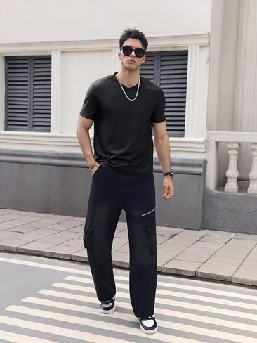 WDIRARA Men's PU Leather Short Sleeve T-Shirt V-Neck Ruched Party Top in Saudi Arabia