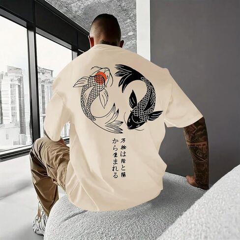 تيشيرتات برسومات كبيرة الحجم للرجال قمصان يابانية للشارع قمصان Harajuku كلاسيكية تي شيرت مصمم بأكتاف منسدلة in Kuwait