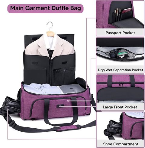 Convertible Garment Bag with Shoulder Strap, Garment Duffle Bags for Travel 4 in 1 Foldable Weekender Travel Backpack Garment Bag for Men Women, Suit Bag with Shoes Compartment,Purple in Kuwait