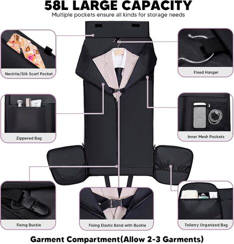 Convertible Garment Bag with Shoulder Strap, Garment Duffle Bags for Travel 4 in 1 Foldable Weekender Travel Backpack Garment Bag for Men Women, Suit Bag with Shoes Compartment,Purple in Kuwait