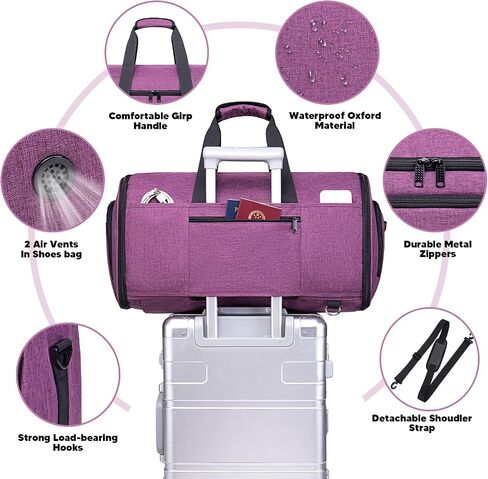 Convertible Garment Bag with Shoulder Strap, Garment Duffle Bags for Travel 4 in 1 Foldable Weekender Travel Backpack Garment Bag for Men Women, Suit Bag with Shoes Compartment,Purple in Kuwait
