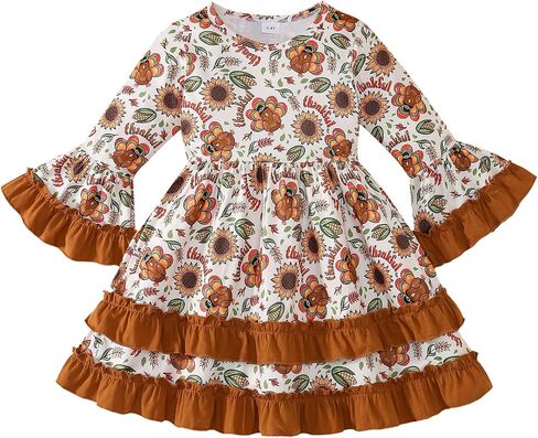 Little Girl Thanksgiving Dress Pumpkin/Turkey Outfit Flared Sleeve Ruffled Dresses 3-8T in Saudi Arabia