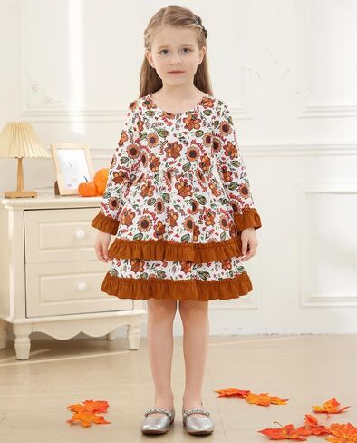 Little Girl Thanksgiving Dress Pumpkin/Turkey Outfit Flared Sleeve Ruffled Dresses 3-8T in Saudi Arabia