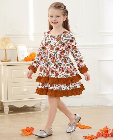 Little Girl Thanksgiving Dress Pumpkin/Turkey Outfit Flared Sleeve Ruffled Dresses 3-8T in Saudi Arabia