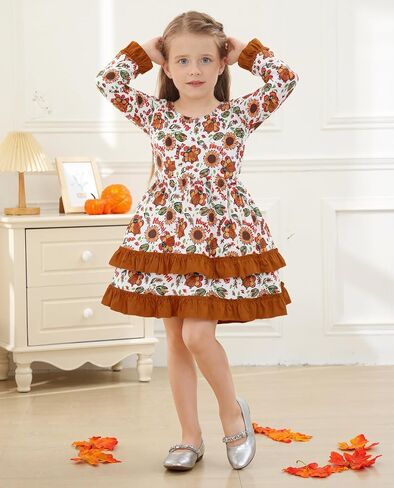Little Girl Thanksgiving Dress Pumpkin/Turkey Outfit Flared Sleeve Ruffled Dresses 3-8T in Saudi Arabia