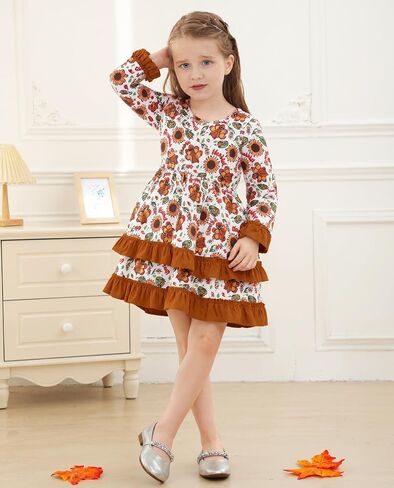 Little Girl Thanksgiving Dress Pumpkin/Turkey Outfit Flared Sleeve Ruffled Dresses 3-8T in Saudi Arabia